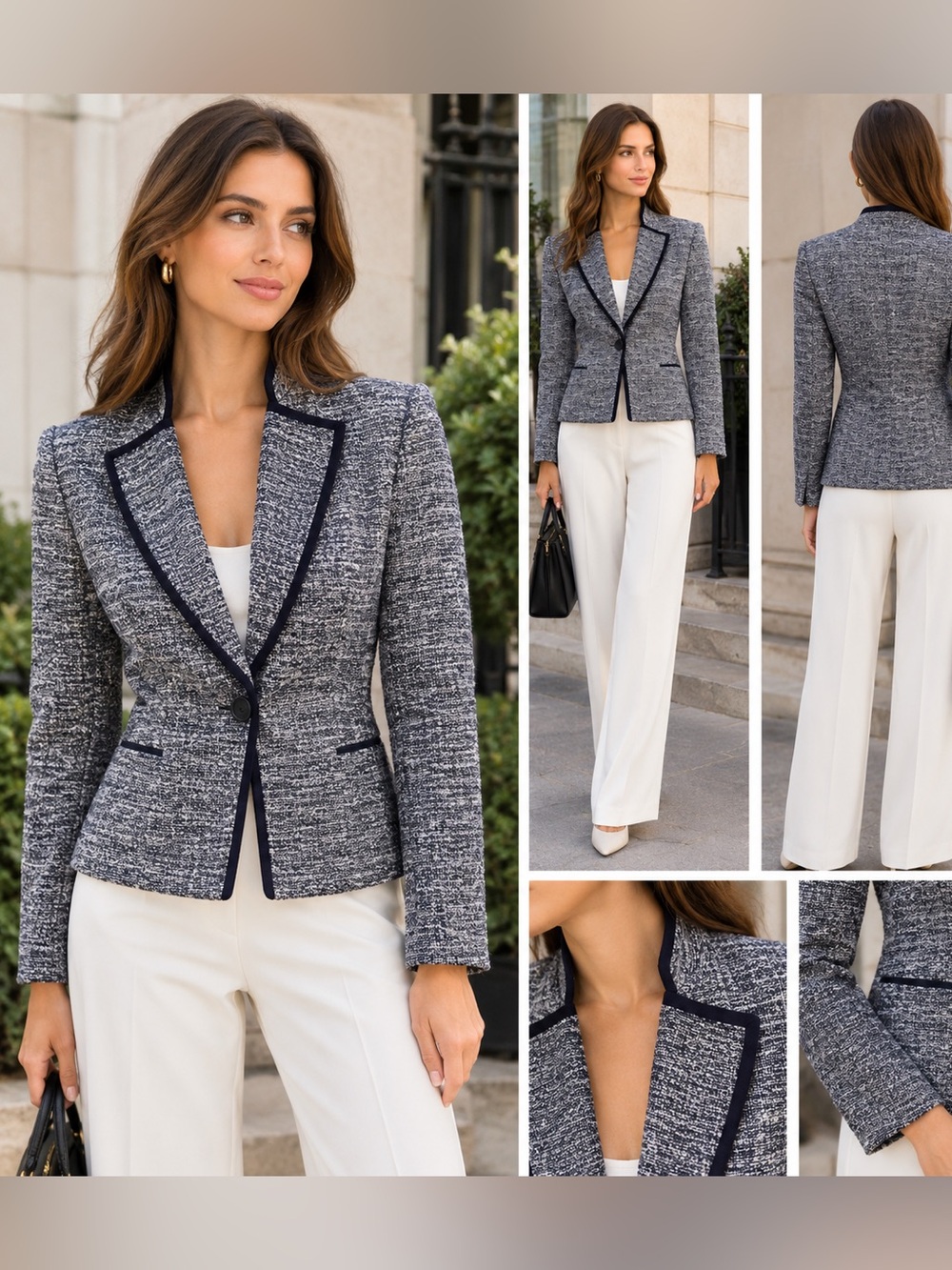 Tory Burch Tweed Trimmed Blazer Black & White Size 6 Like New